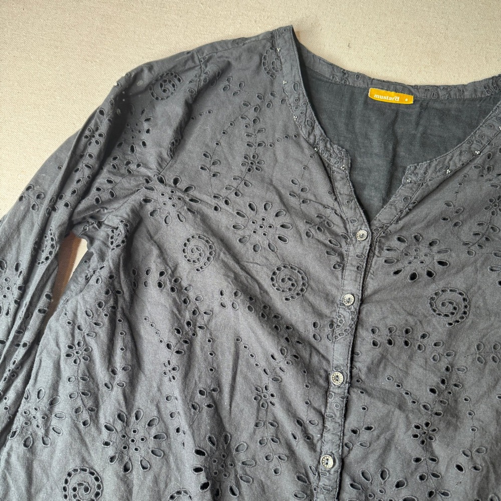 Mustard Black 100% Cotton Eyelet Tunic Top Button Front 3/4 Sleeve Womens 2X